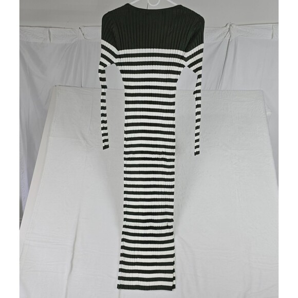 MEROKEETY Ribbed Knit Striped Women's Midi Sweater Dress Green White S Side Slit - Picture 4 of 10